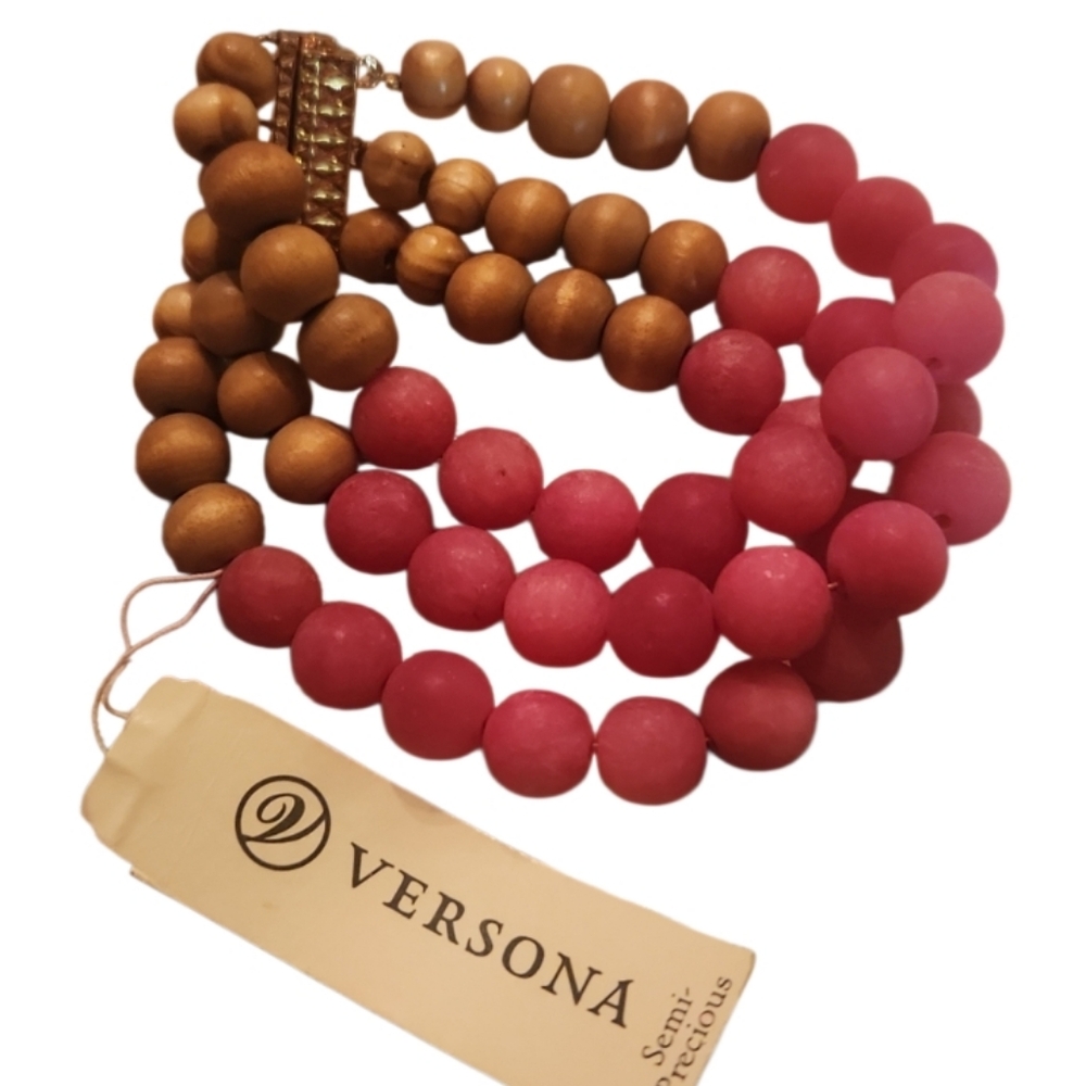 New Versona Pink Gemmed and Brown Wooden Beaded Bracelet Megnetic Clasp